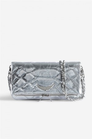 Zadig And Voltaire Rock Quilted Metallic Clutch Silver | ZV-256094