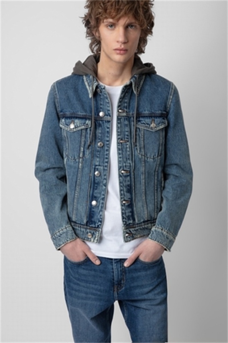 Zadig And Voltaire Bases Denim Hoodie Jacket Stone | ZV-256420