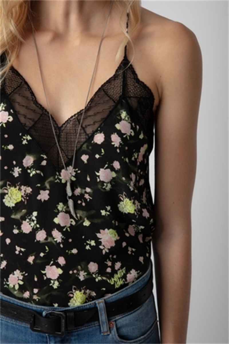 Zadig And Voltaire Christy Soft Crinkle Roses Top Black | ZV-256323