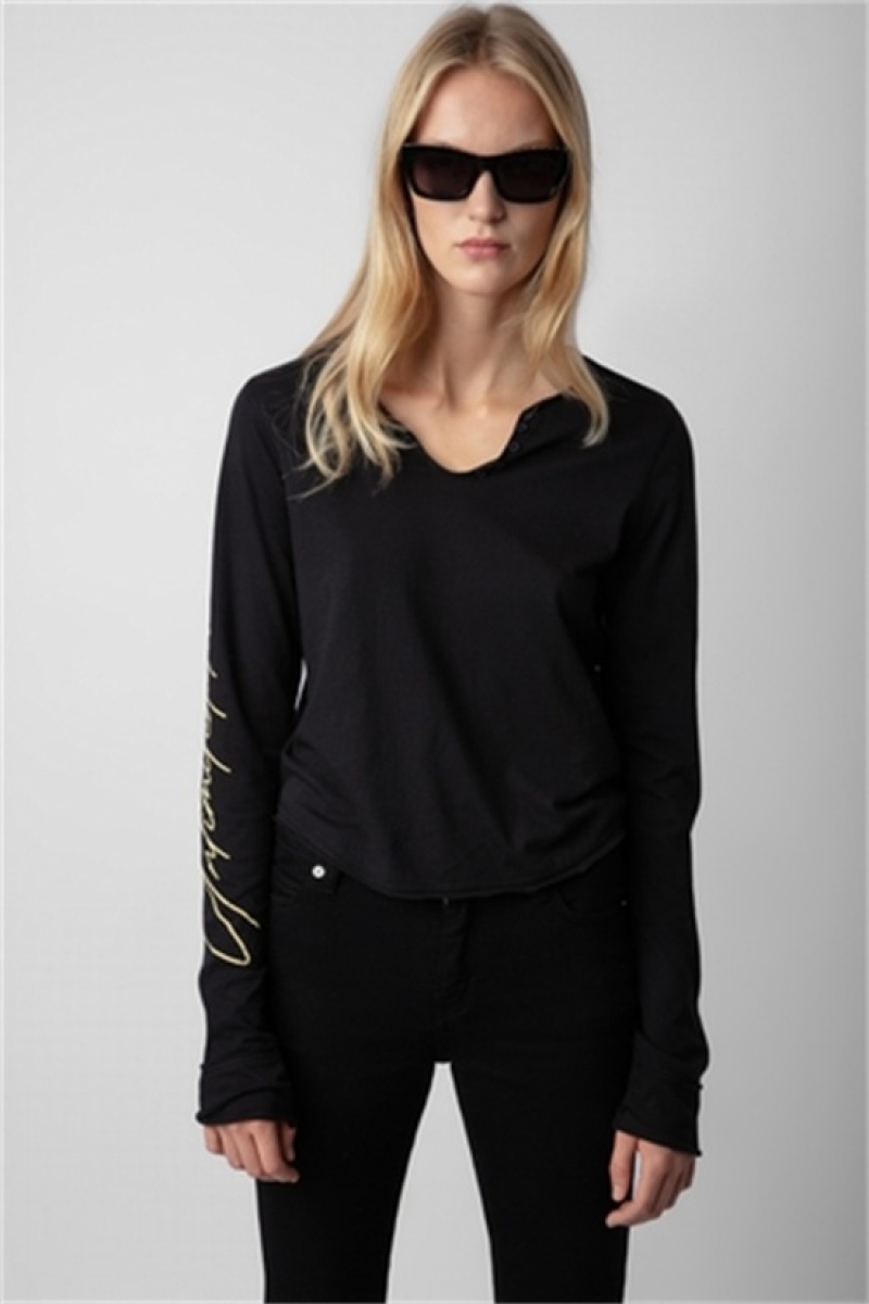 Zadig And Voltaire Crop Concert Crush Henley Top Black | ZV-256272