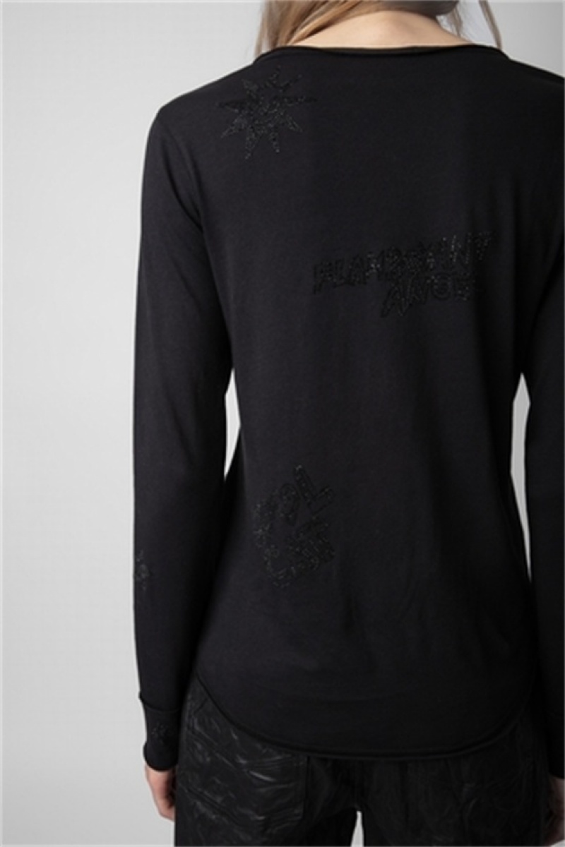 Zadig And Voltaire Diamante Henley T-shirt Black | ZV-256284