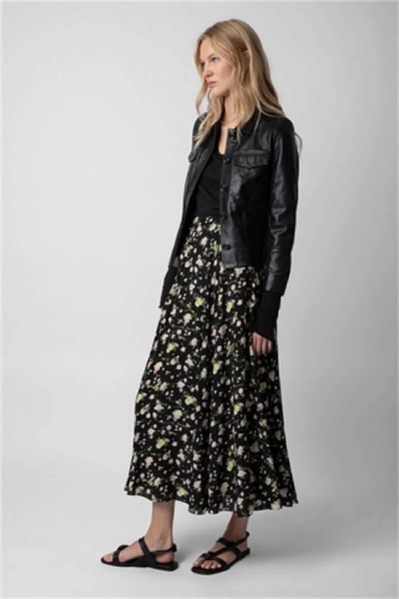 Zadig And Voltaire Joyo Soft Crinkle Roses Skirt Black | ZV-256380