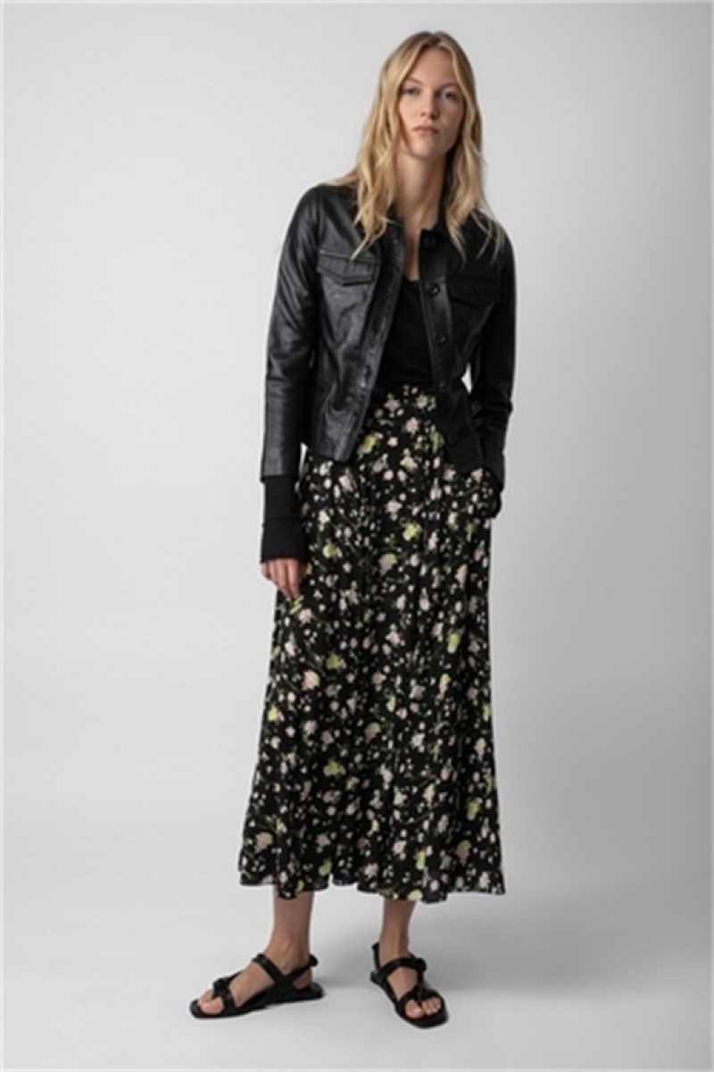 Zadig And Voltaire Joyo Soft Crinkle Roses Skirt Black | ZV-256380