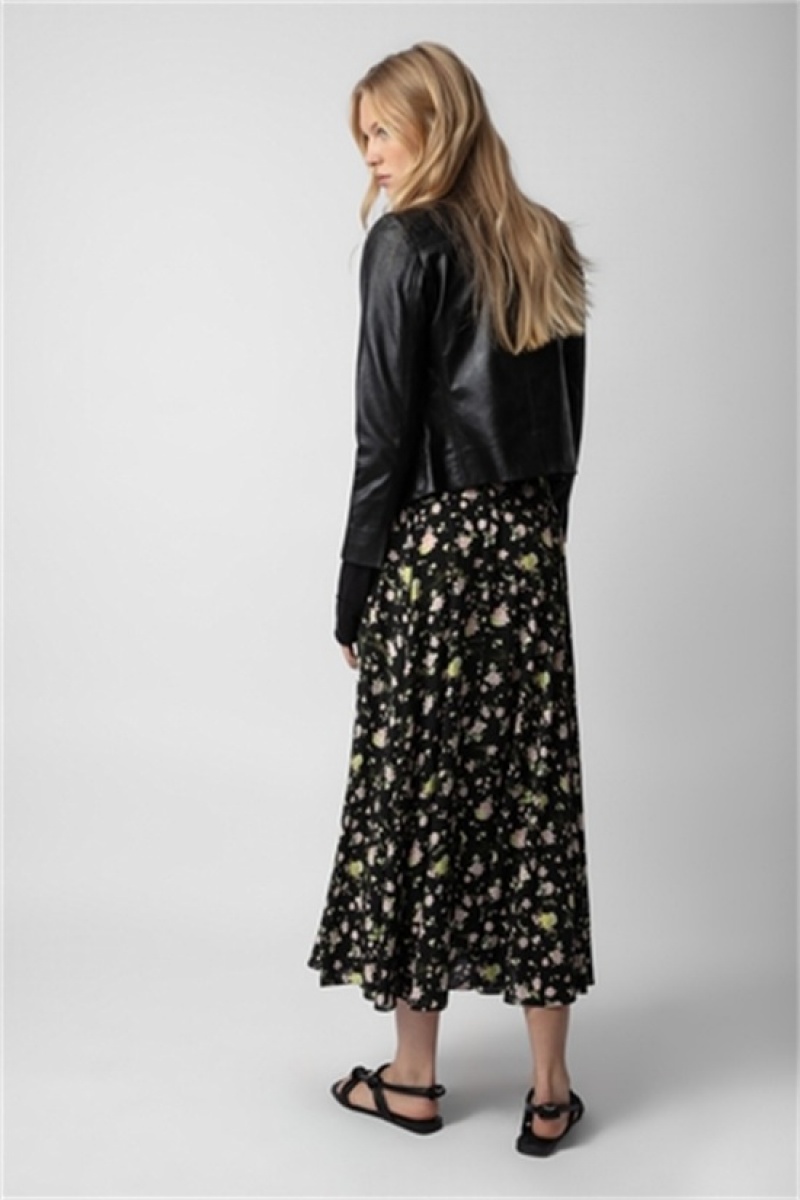 Zadig And Voltaire Joyo Soft Crinkle Roses Skirt Black | ZV-256380