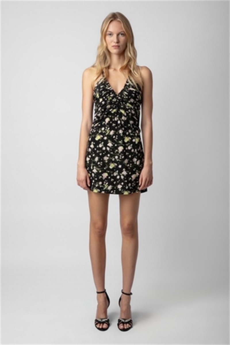 Zadig And Voltaire Randa Soft Crinkle Roses Dress Black | ZV-256383