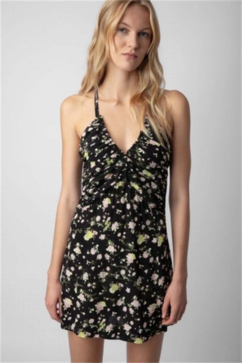 Zadig And Voltaire Randa Soft Crinkle Roses Dress Black | ZV-256383