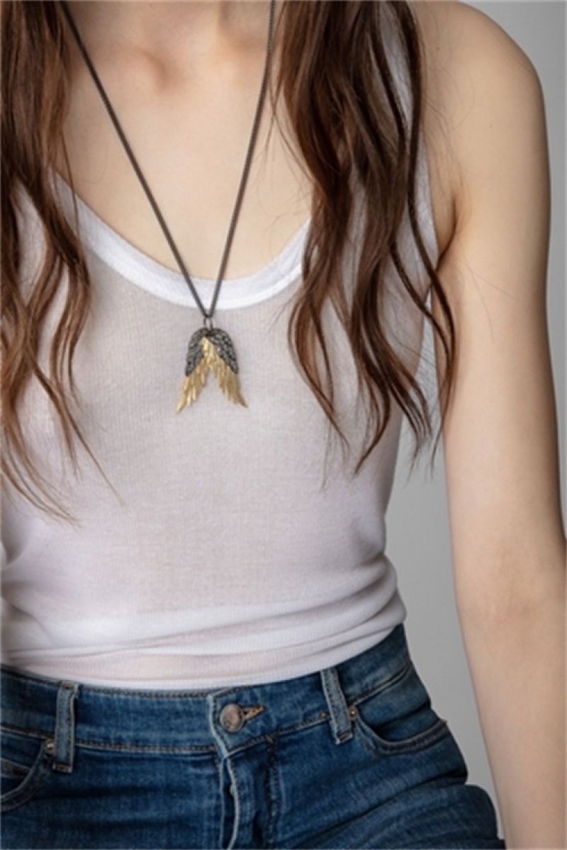 Zadig And Voltaire Rock Feather Pendant Necklace Old Gold | ZV-255875