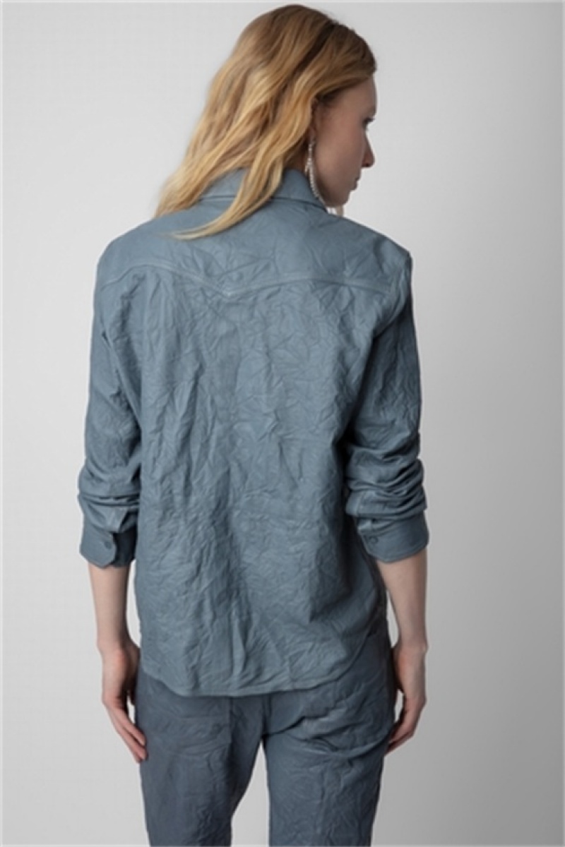 Zadig And Voltaire Thelma Crinkled Leather Shirt Light Blue | ZV-256332