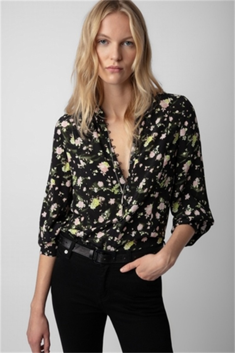 Zadig And Voltaire Twina Soft Roses Shirt Black | ZV-256322