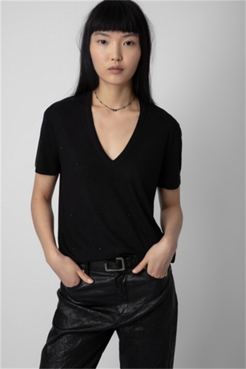 Zadig And Voltaire Wassa Diamante T-shirt Black | ZV-256263