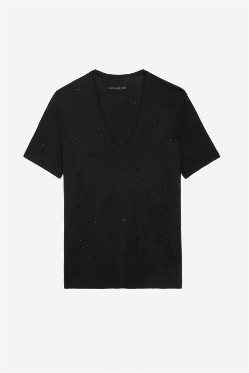 Zadig And Voltaire Wassa Diamante T-shirt Black | ZV-256263